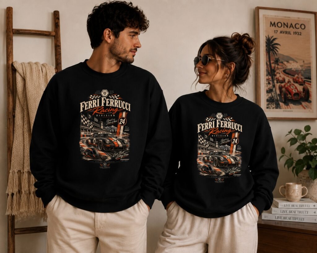retro motorsport graphic crewneck product image for designing your own text, photo, or artwork on a custom sweatshirt.
