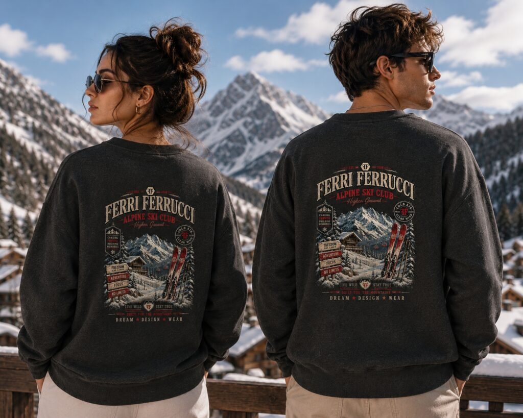 vintage ski sweatshirt product image for designing your own text, photo, or artwork on a custom sweatshirt.