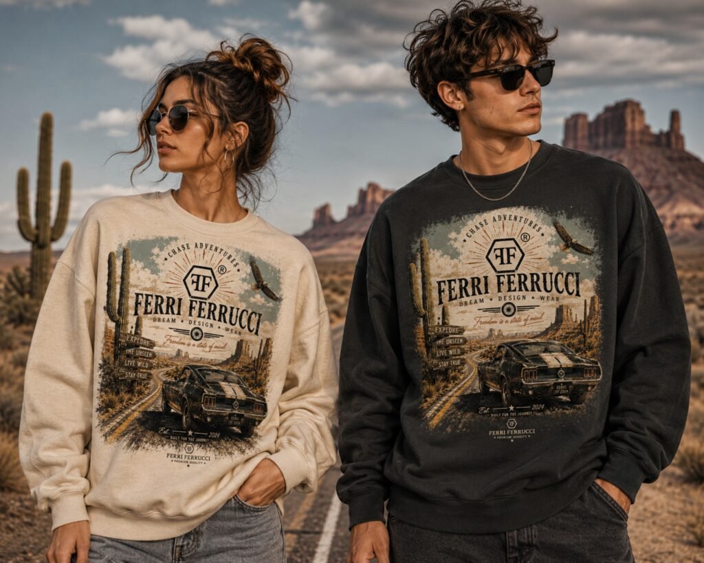vintage western sweatshirt product image for designing your own text, photo, or artwork on a custom sweatshirt.