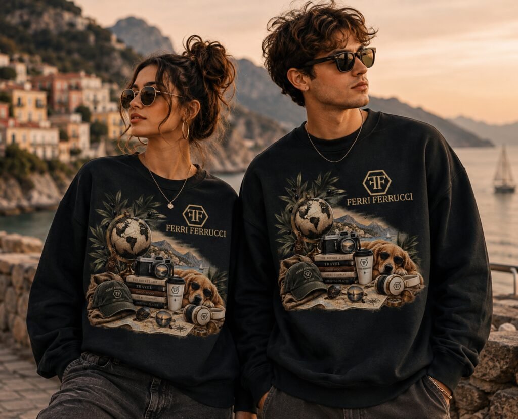 wanderlust sweater product image for designing your own text, photo, or artwork on a custom sweatshirt.