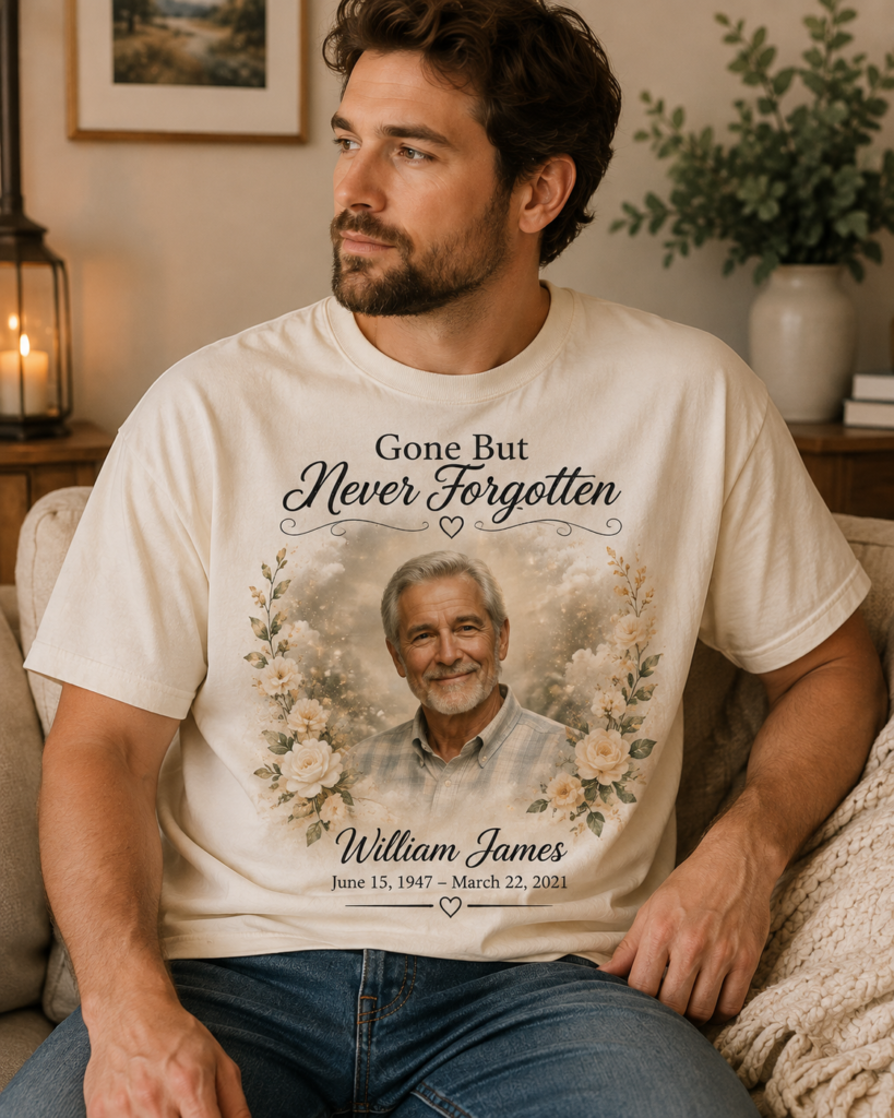 Memorial photo shirt design mockup featuring a custom tribute layout for a loved one
