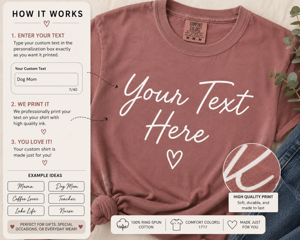 custom text shirt product image for designing your own text, photo, or artwork on a custom sweatshirt.