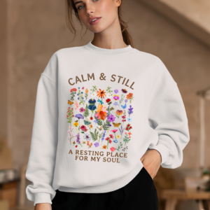 Woman wearing a white Women's Sweatshirt with Calm and Still colorful floral design