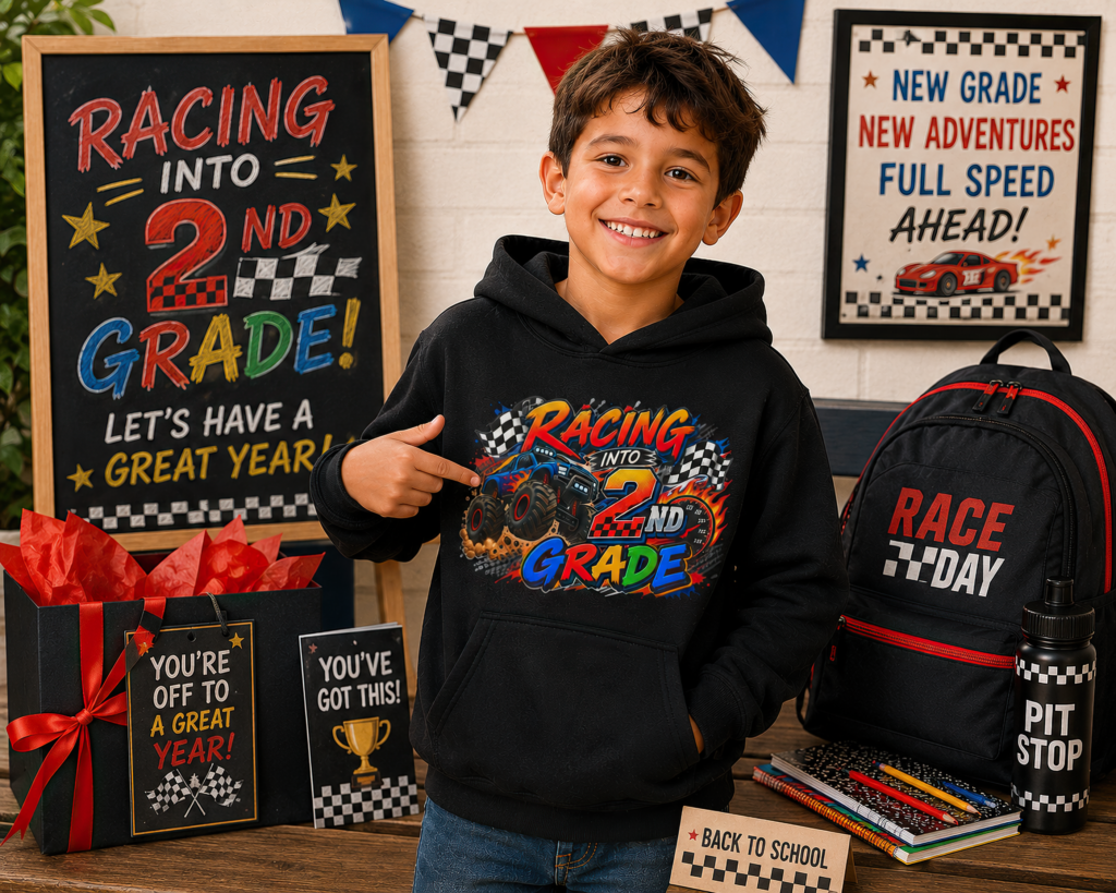 Front view of the 2nd Grade Monster Truck Hoodie for kids with racing flags and flames graphics.