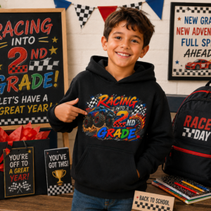Front view of the 2nd Grade Monster Truck Hoodie for kids with racing flags and flames graphics.