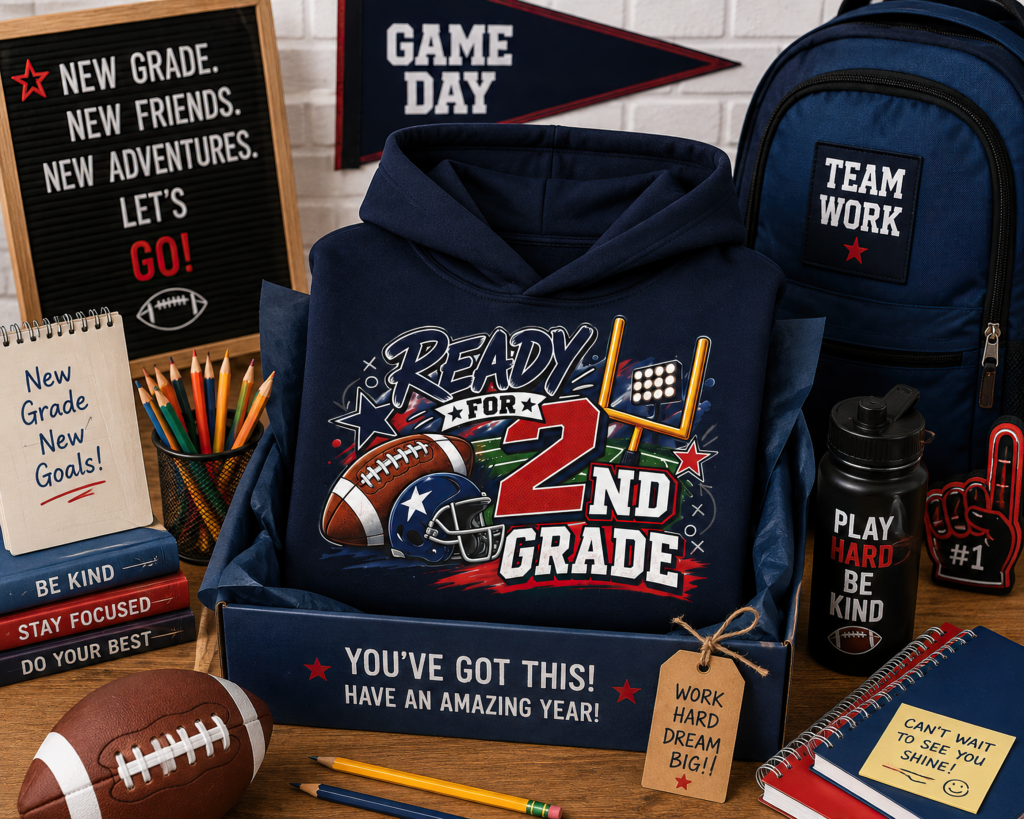 Youth 2nd Grade Football Hoodie featuring a bold sports design with football, helmet, and goalpost graphic for back to school