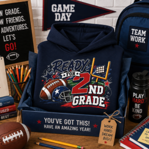 Youth 2nd Grade Football Hoodie featuring a bold sports design with football, helmet, and goalpost graphic for back to school