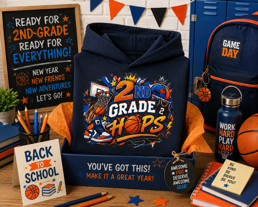 Front view of 2nd Grade Basketball Hoodie for kids with bold 2nd Grade Hoops graphic.